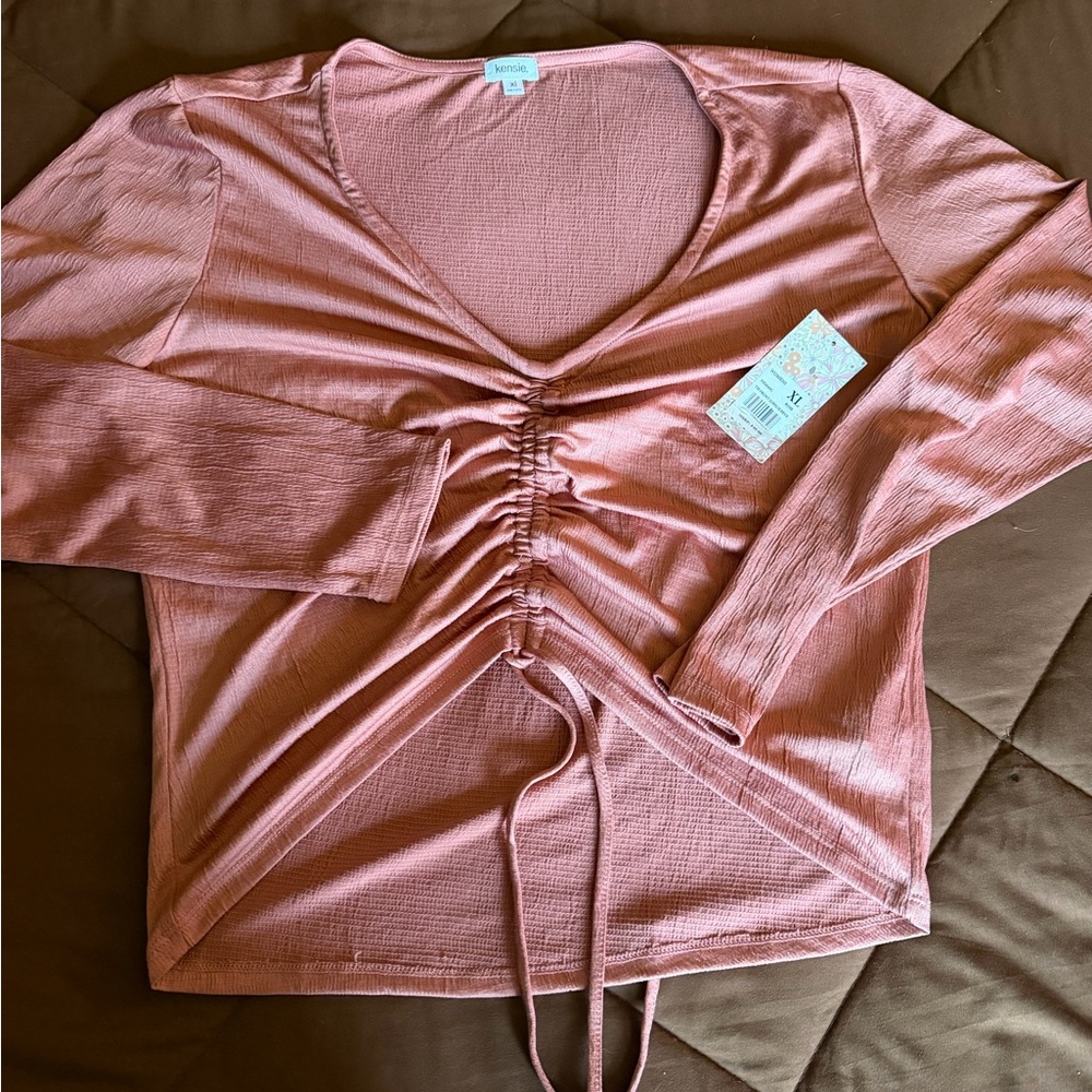 Kensie Pink Ruched V-Neck Blouse